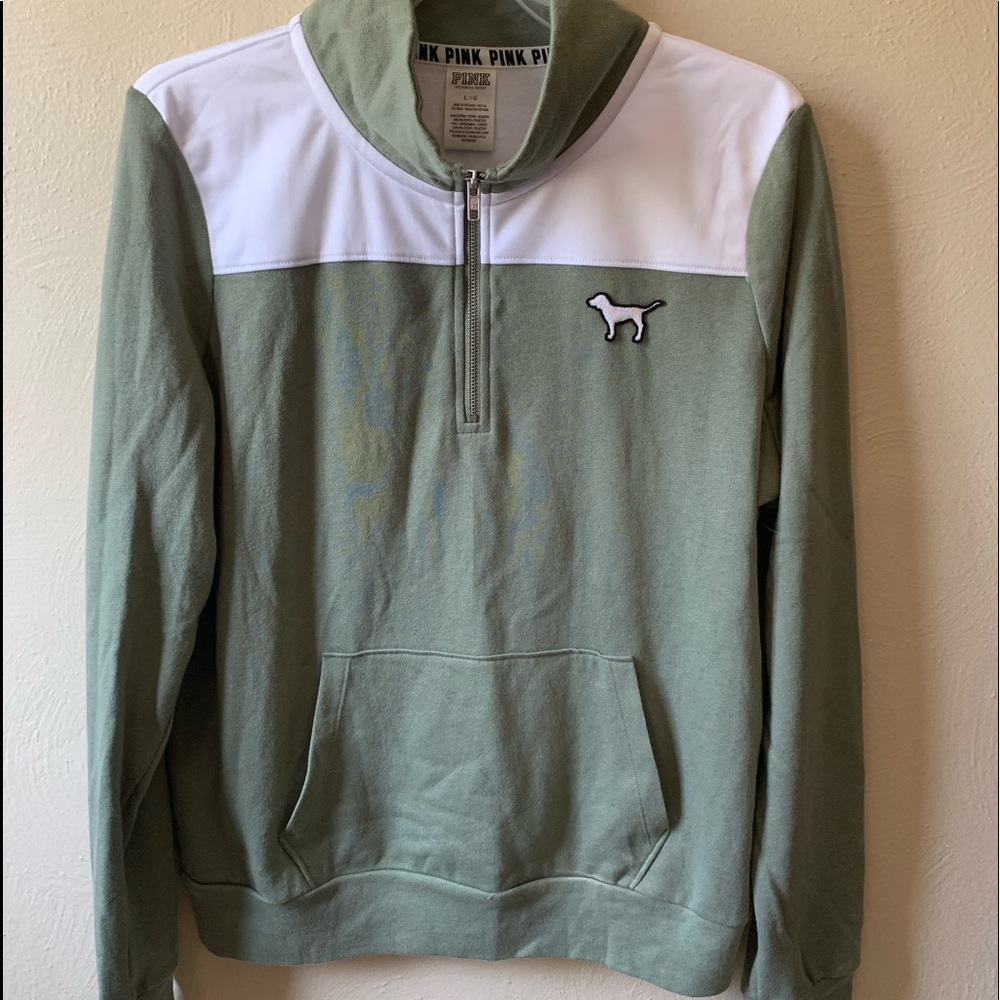 NWT VS PINK large earth green 1/4 quarter zip top w floral backside LOGO